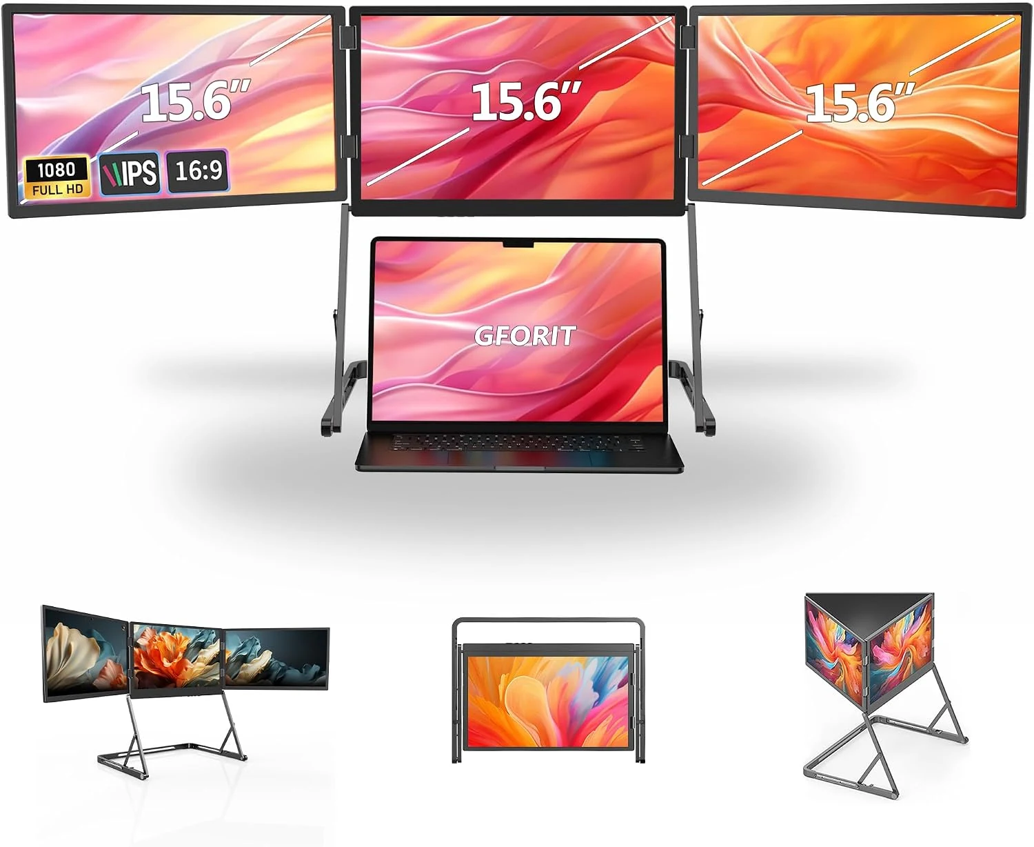 Three 15.6-inch external displays arranged above a laptop