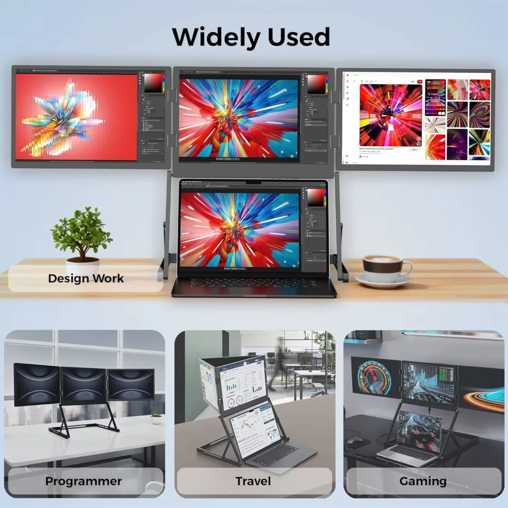 Triple-display workstation for design, programming, travel and gaming